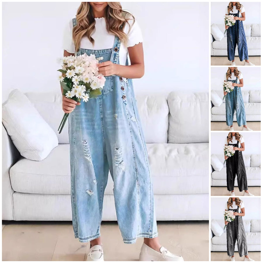 Cute Casual Button Jumpsuit Ripped Denim Overalls
