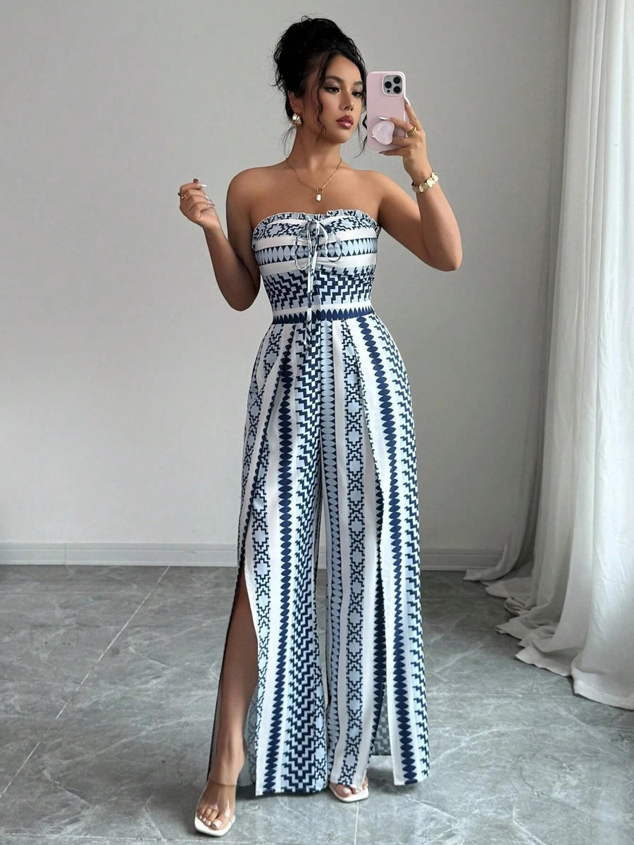 Geometric Jumpsuit with Halter Neckline & Side Slit