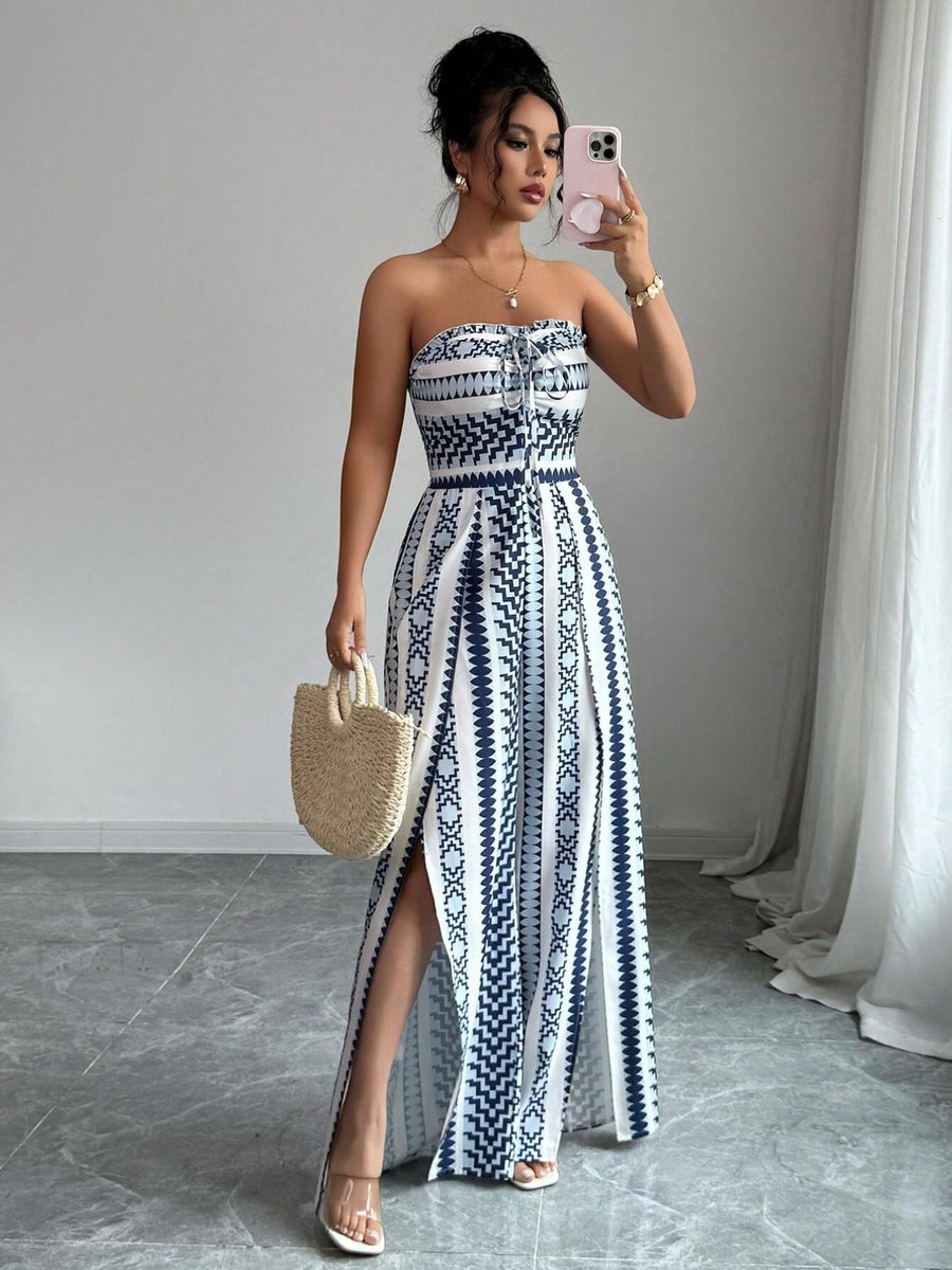 Geometric Jumpsuit with Halter Neckline & Side Slit