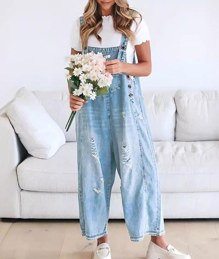 Cute Casual Button Jumpsuit Ripped Denim Overalls