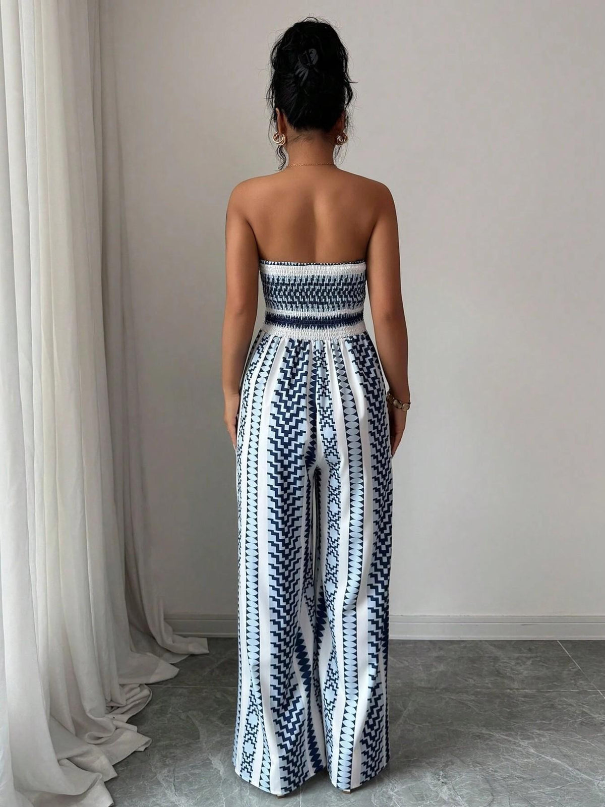 Geometric Jumpsuit with Halter Neckline & Side Slit