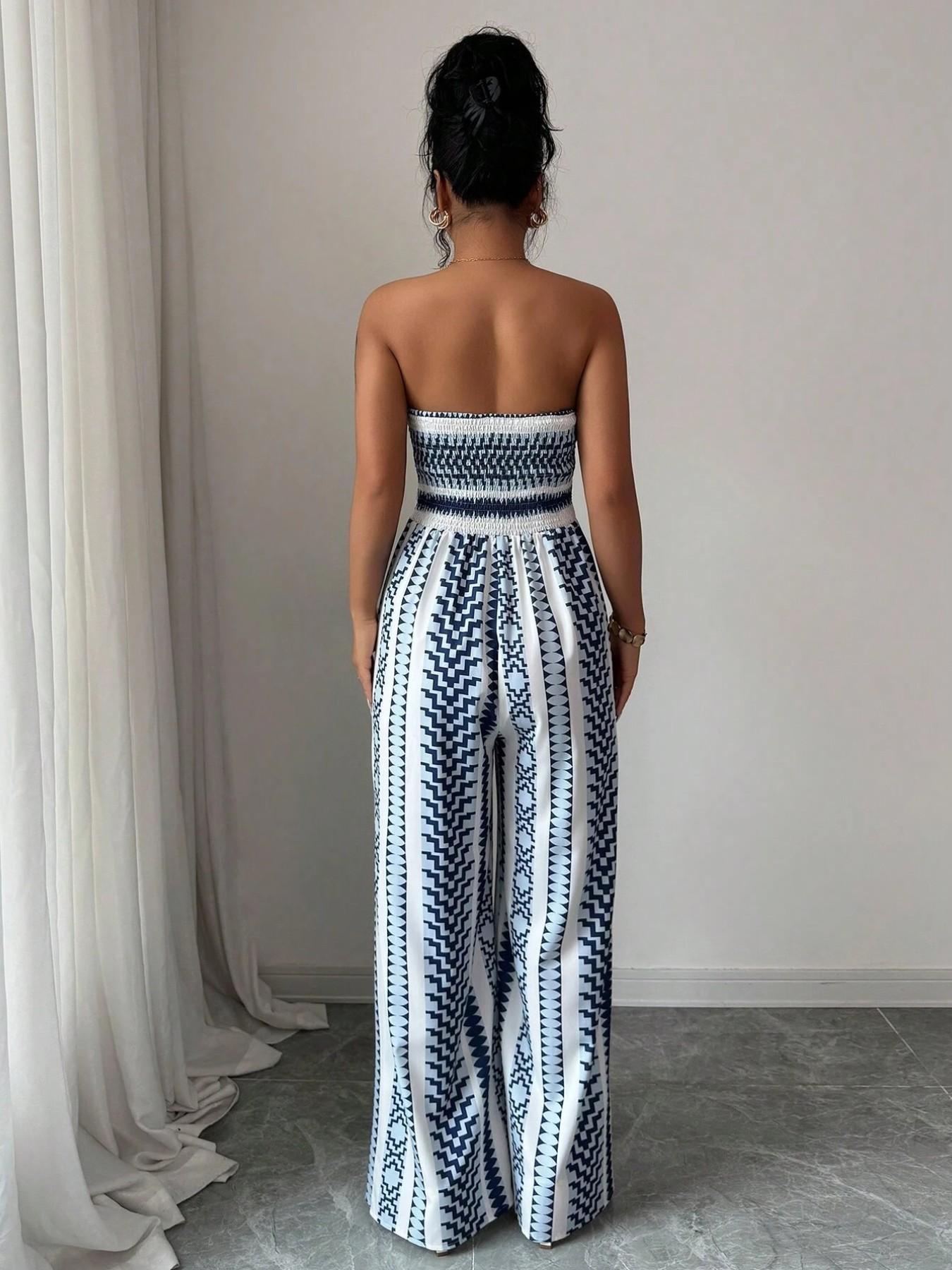 Geometric Jumpsuit with Halter Neckline & Side Slit