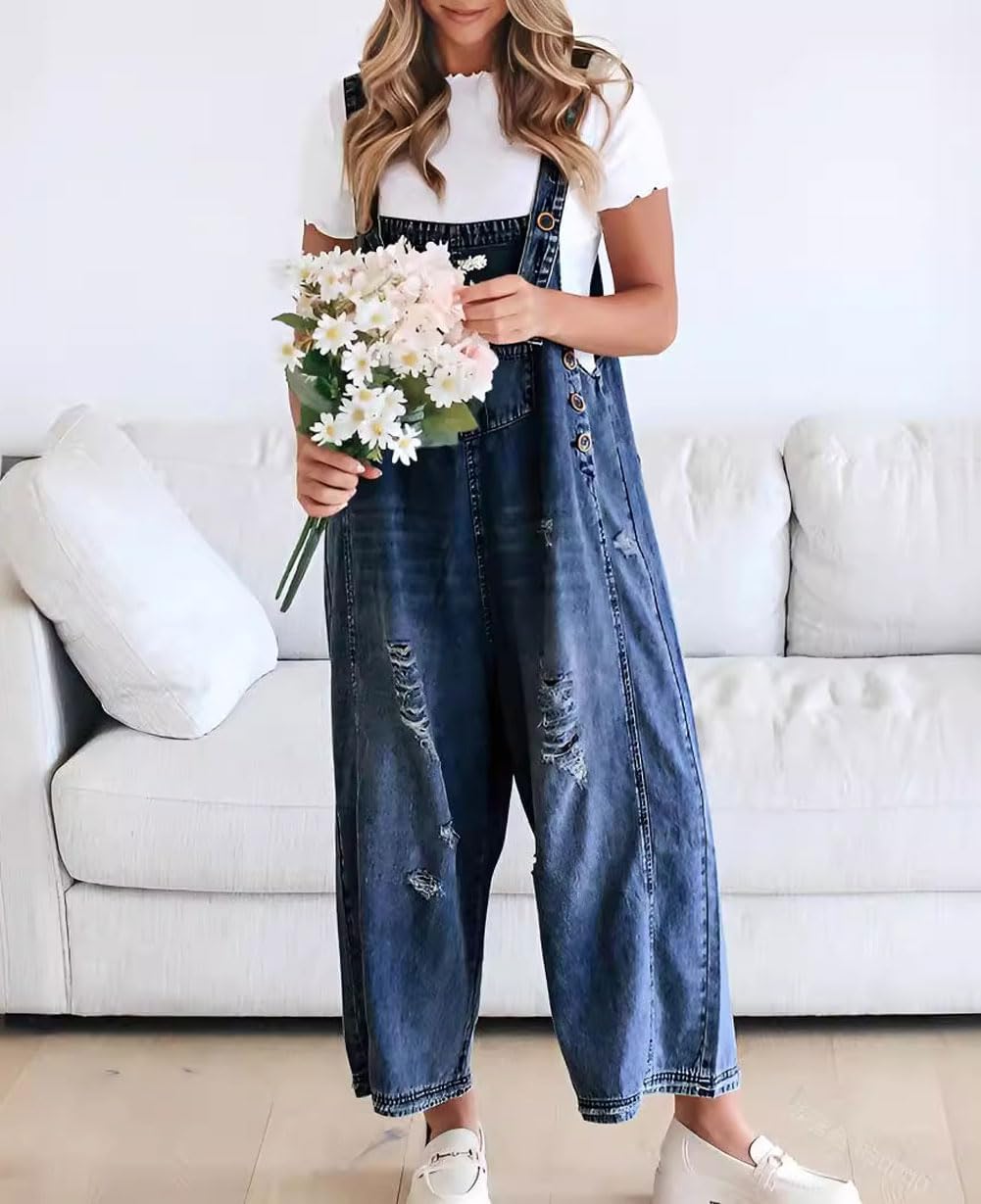 Cute Casual Button Jumpsuit Ripped Denim Overalls