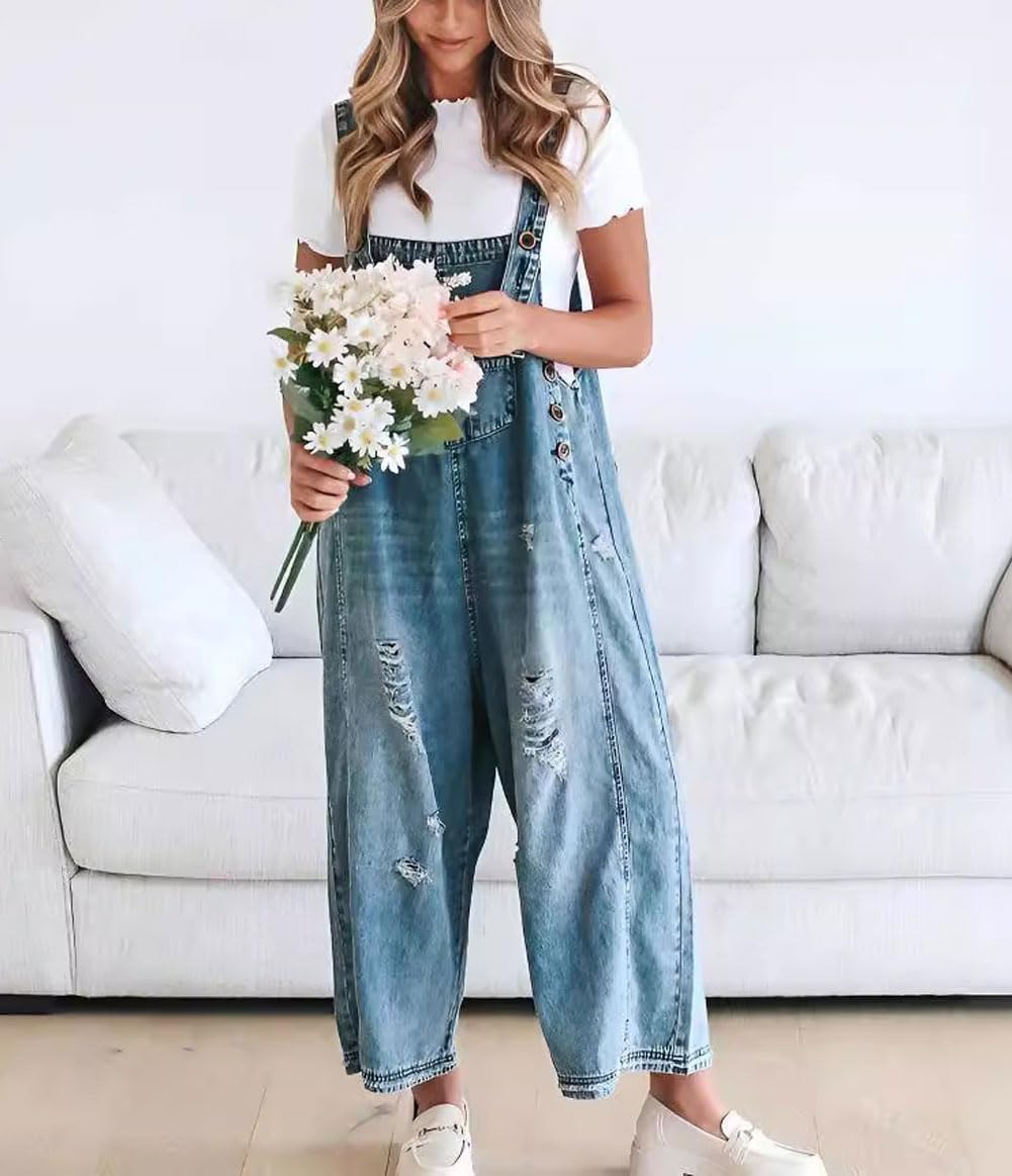 Cute Casual Button Jumpsuit Ripped Denim Overalls