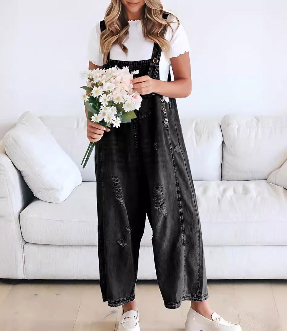 Cute Casual Button Jumpsuit Ripped Denim Overalls