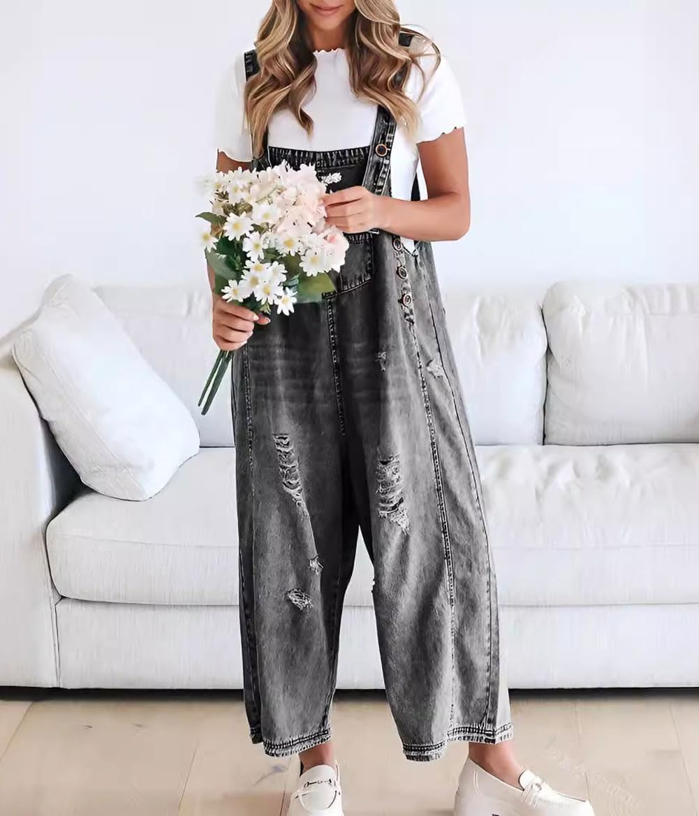 Cute Casual Button Jumpsuit Ripped Denim Overalls