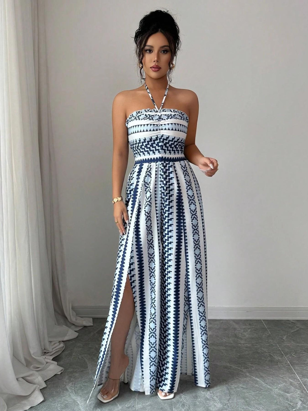Geometric Jumpsuit with Halter Neckline & Side Slit