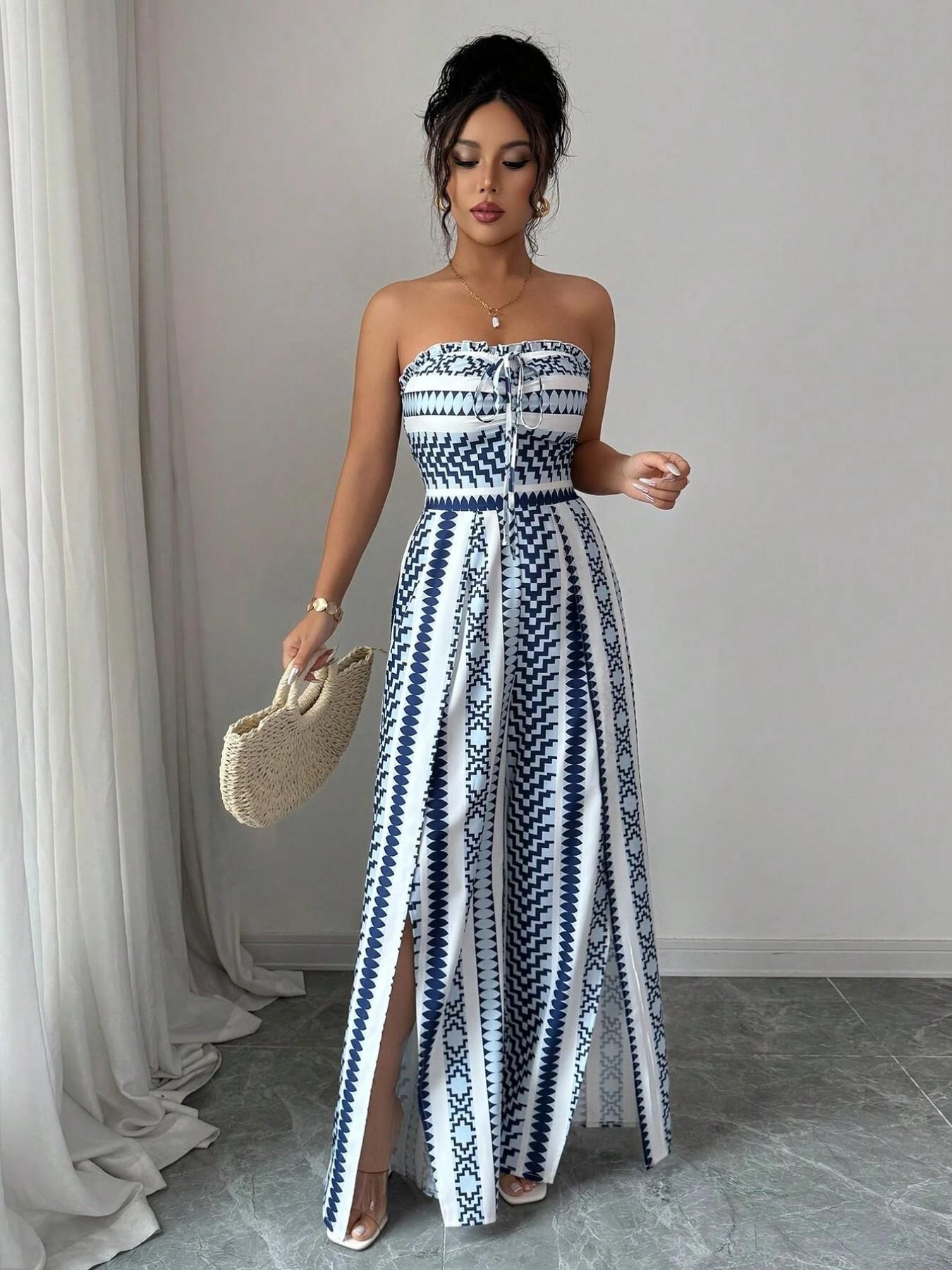 Geometric Jumpsuit with Halter Neckline & Side Slit