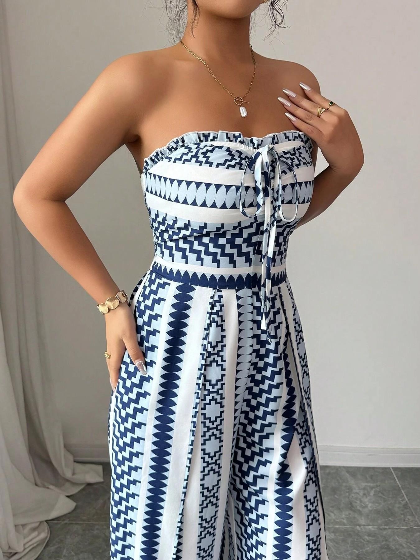 Geometric Jumpsuit with Halter Neckline & Side Slit