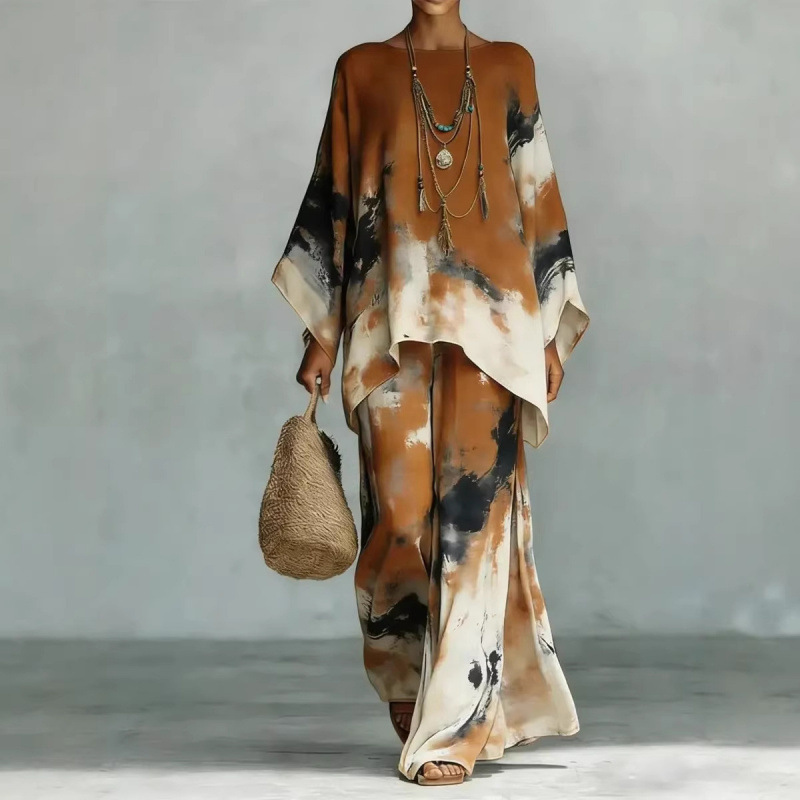 Abstract Print Flowy Wide Leg Pants and Top Set