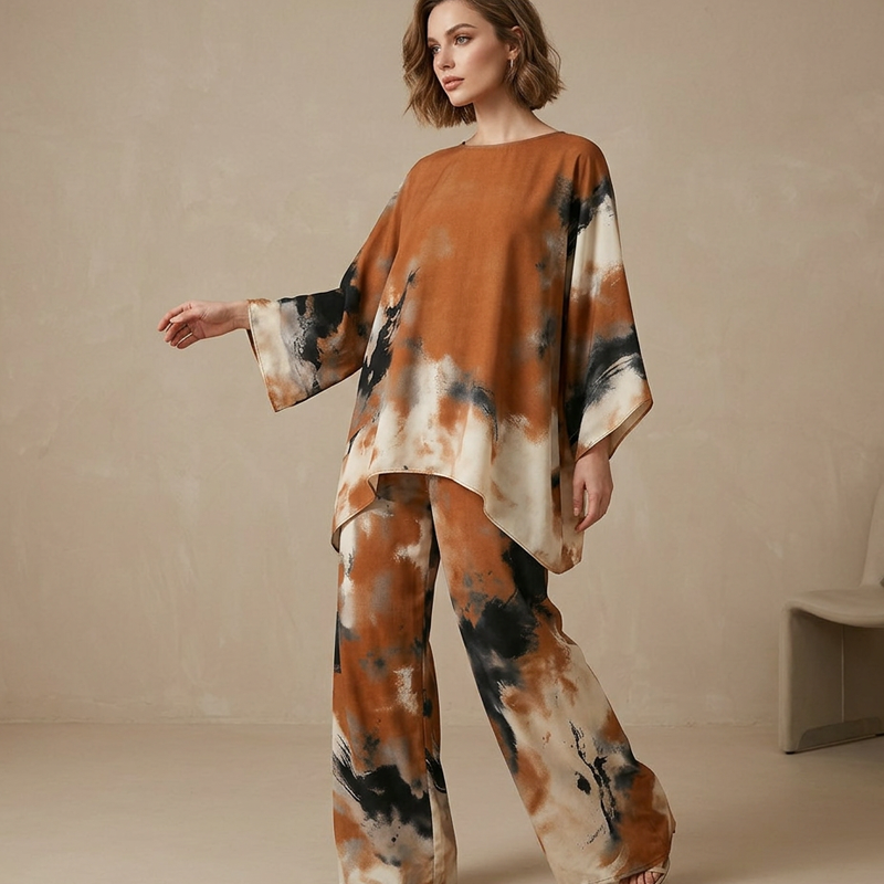 Abstract Print Flowy Wide Leg Pants and Top Set