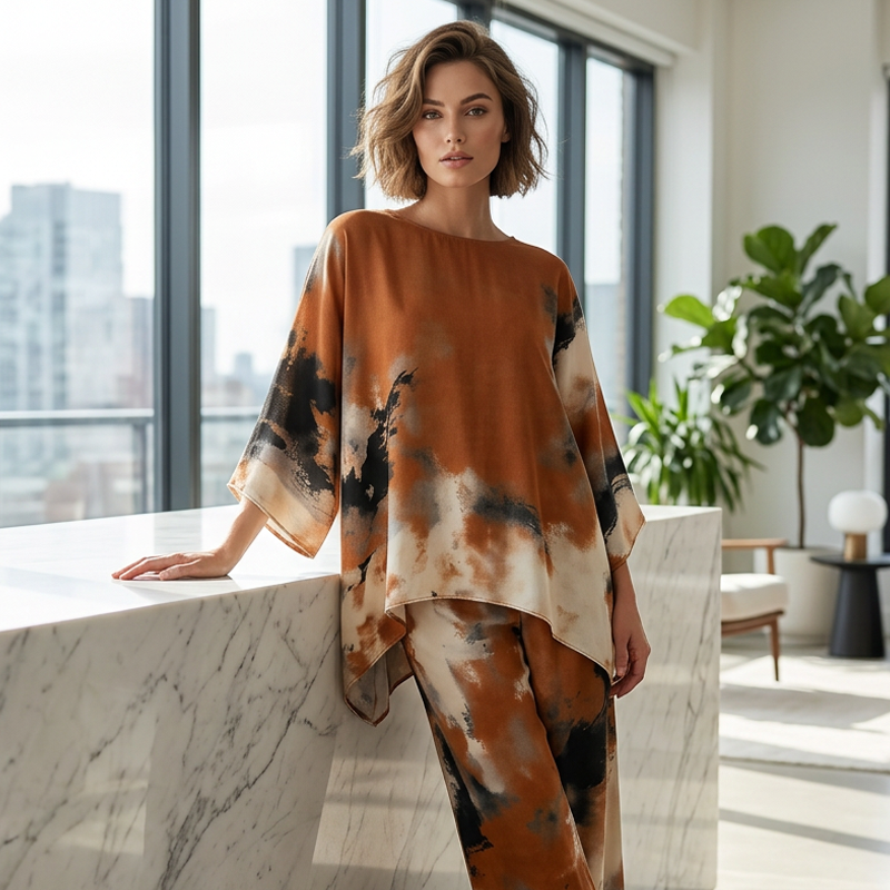 Abstract Print Flowy Wide Leg Pants and Top Set