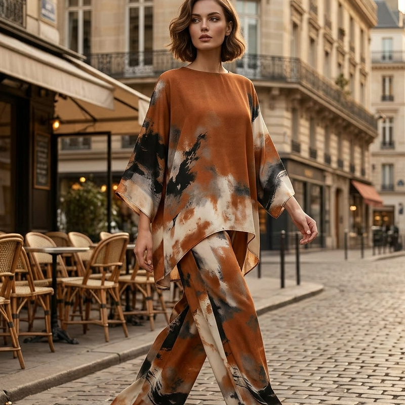 Abstract Print Flowy Wide Leg Pants and Top Set