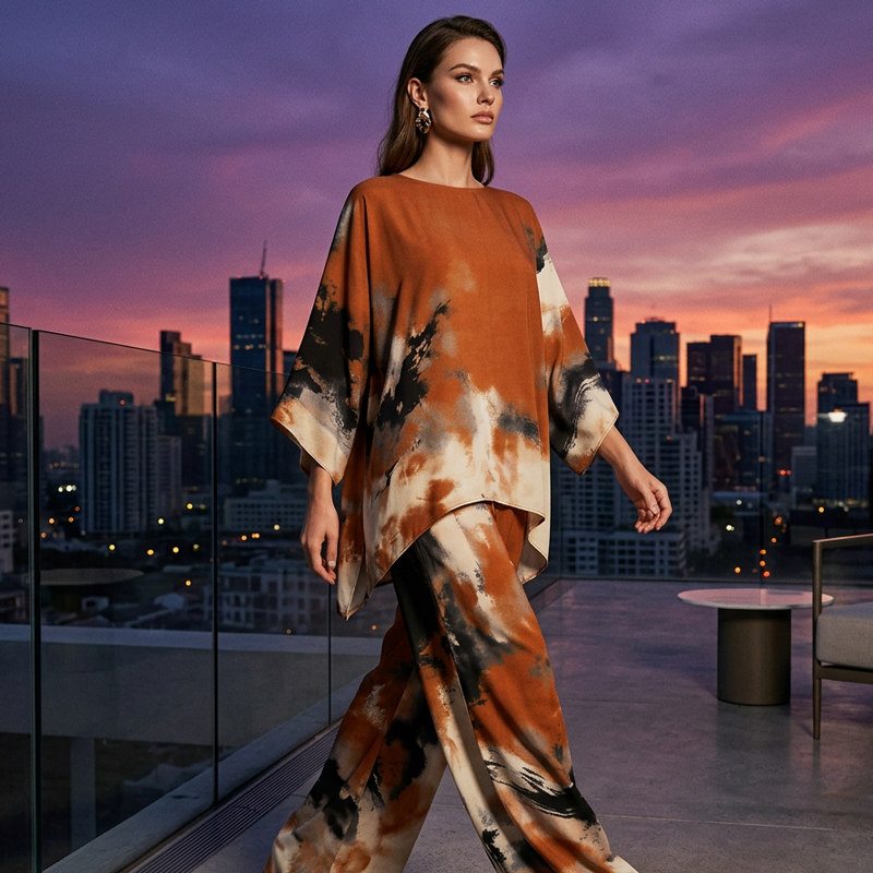 Abstract Print Flowy Wide Leg Pants and Top Set