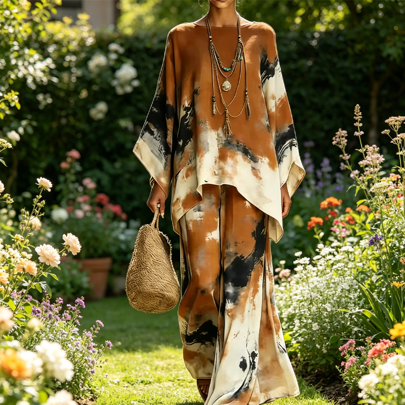 Abstract Print Flowy Wide Leg Pants and Top Set