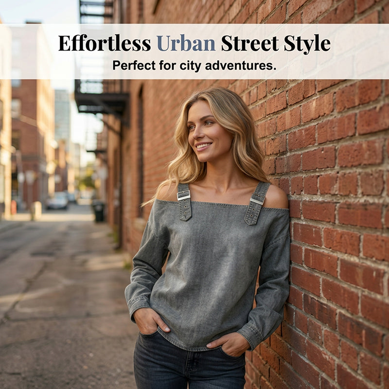💙Denim Days, Effortless Style✨Women's Fashion Wide Strap Denim Top
