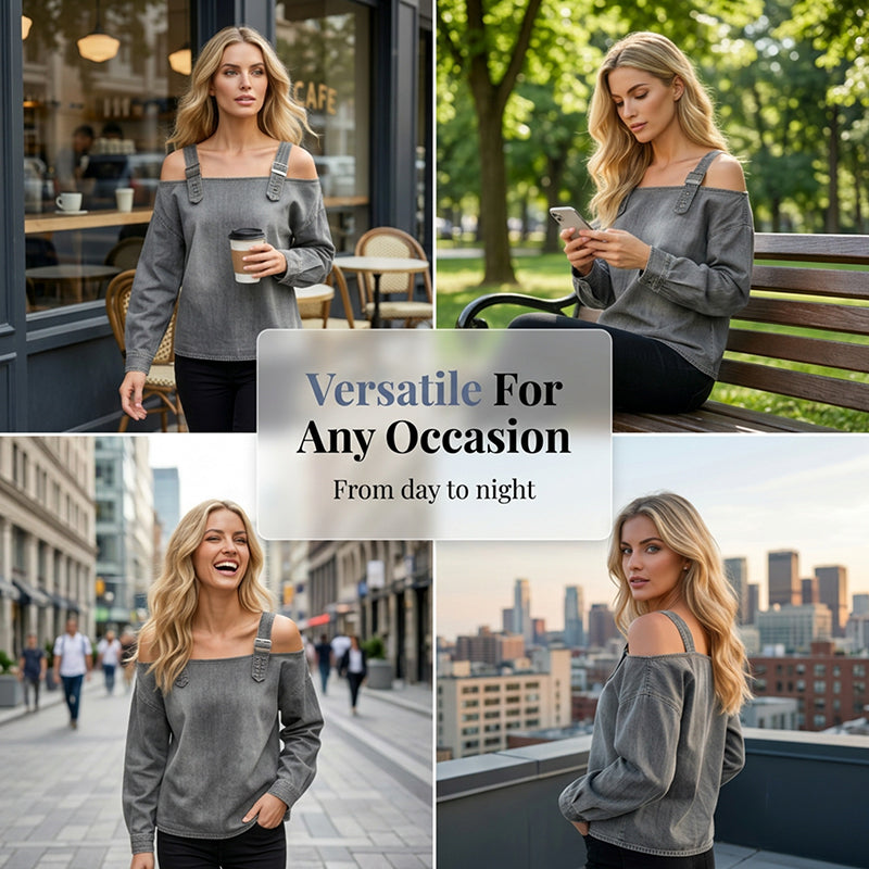 💙Denim Days, Effortless Style✨Women's Fashion Wide Strap Denim Top