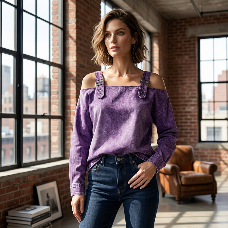 💙Denim Days, Effortless Style✨Women's Fashion Wide Strap Denim Top
