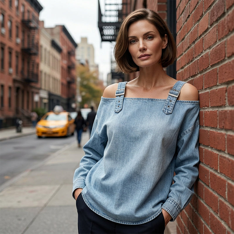 💙Denim Days, Effortless Style✨Women's Fashion Wide Strap Denim Top