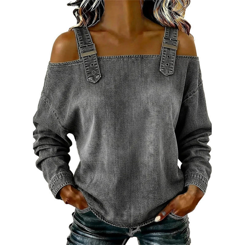 💙Denim Days, Effortless Style✨Women's Fashion Wide Strap Denim Top