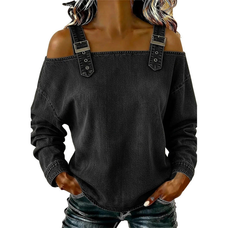 💙Denim Days, Effortless Style✨Women's Fashion Wide Strap Denim Top