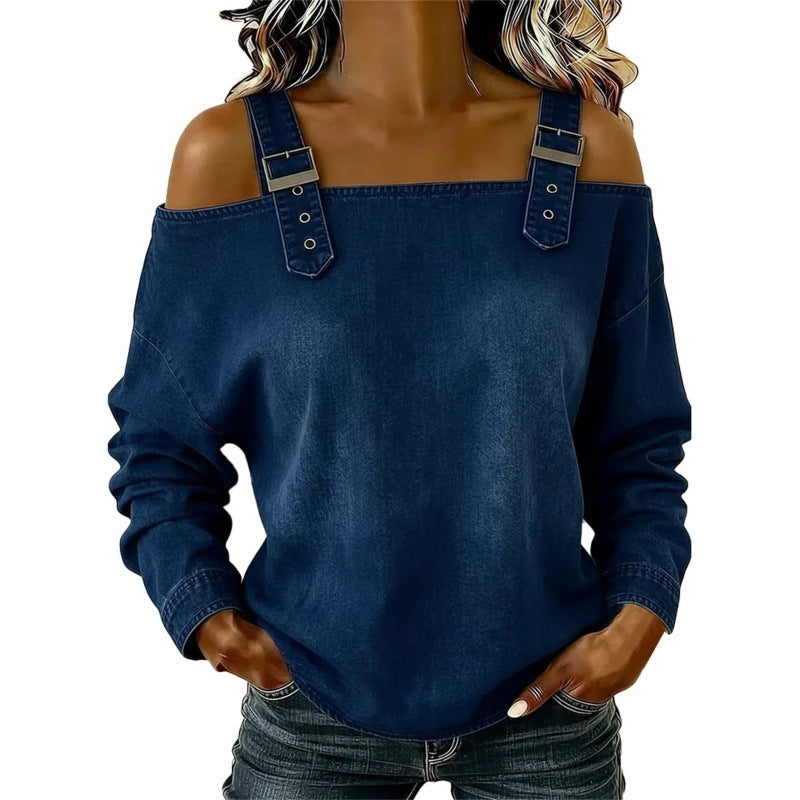 💙Denim Days, Effortless Style✨Women's Fashion Wide Strap Denim Top
