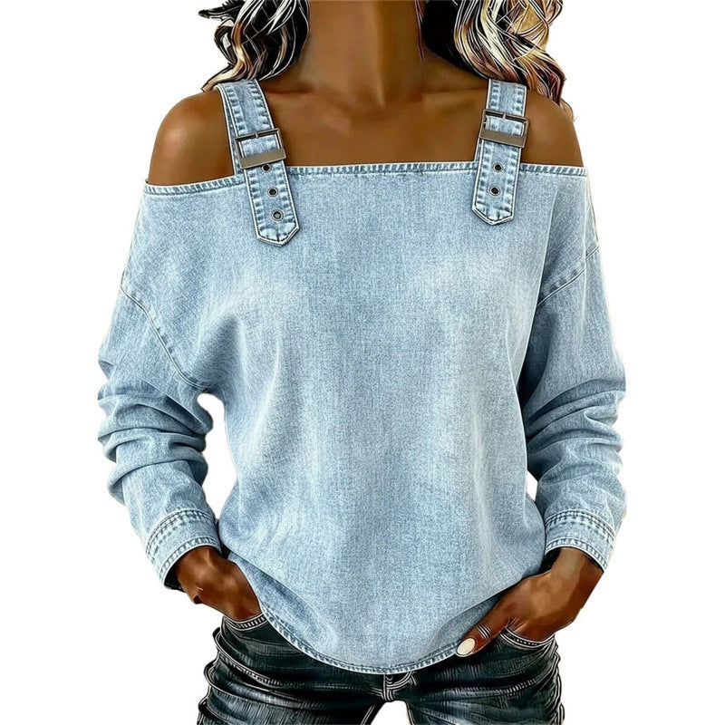 💙Denim Days, Effortless Style✨Women's Fashion Wide Strap Denim Top