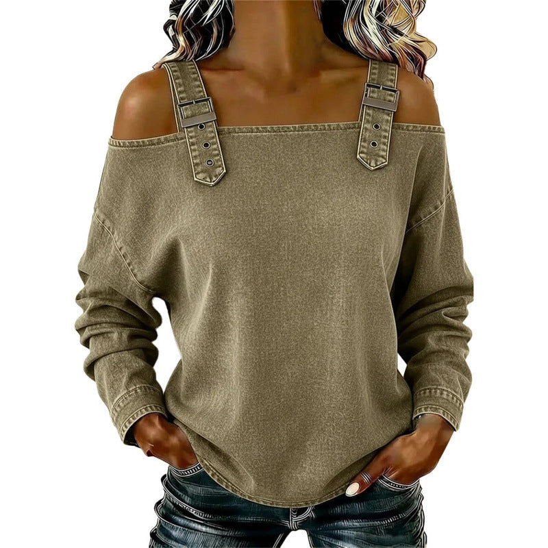 💙Denim Days, Effortless Style✨Women's Fashion Wide Strap Denim Top