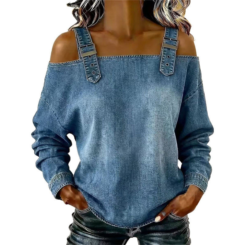 💙Denim Days, Effortless Style✨Women's Fashion Wide Strap Denim Top