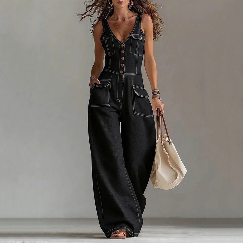 Denim Jumpsuit – Sleeveless, V-Neck, Wide-Leg 💫