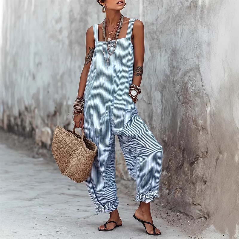 Striped Spaghetti Strap Jumpsuit – Relaxed, Breezy, Cotton 🌤️