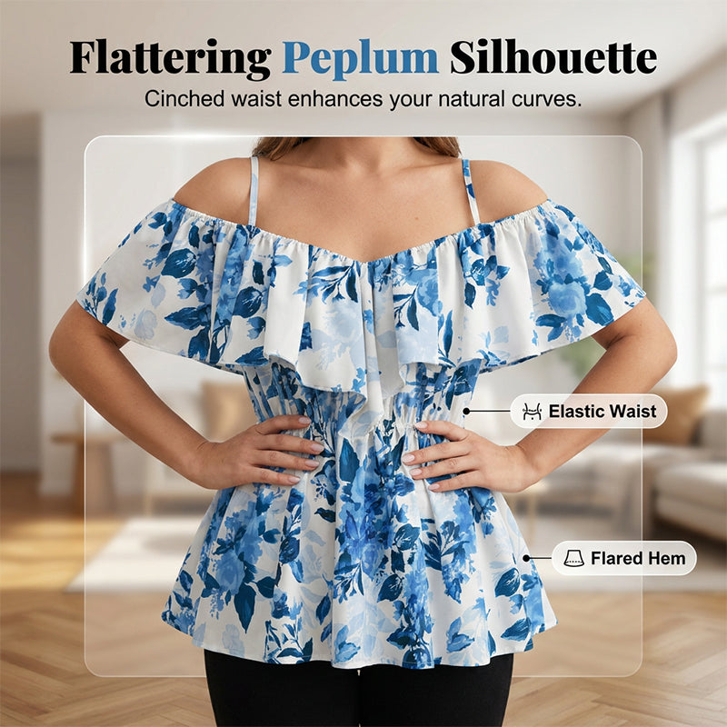 🌸Women's Plus Size Printed Off-Shoulder Ruffle Cami Top✨