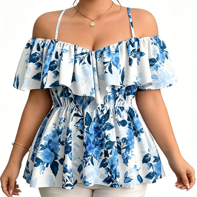 🌸Women's Plus Size Printed Off-Shoulder Ruffle Cami Top✨