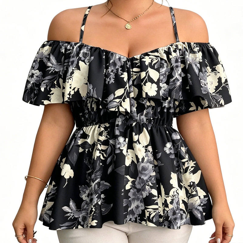 🌸Women's Plus Size Printed Off-Shoulder Ruffle Cami Top✨