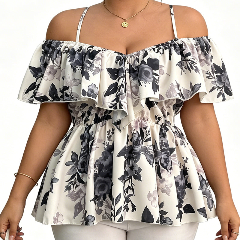 🌸Women's Plus Size Printed Off-Shoulder Ruffle Cami Top✨