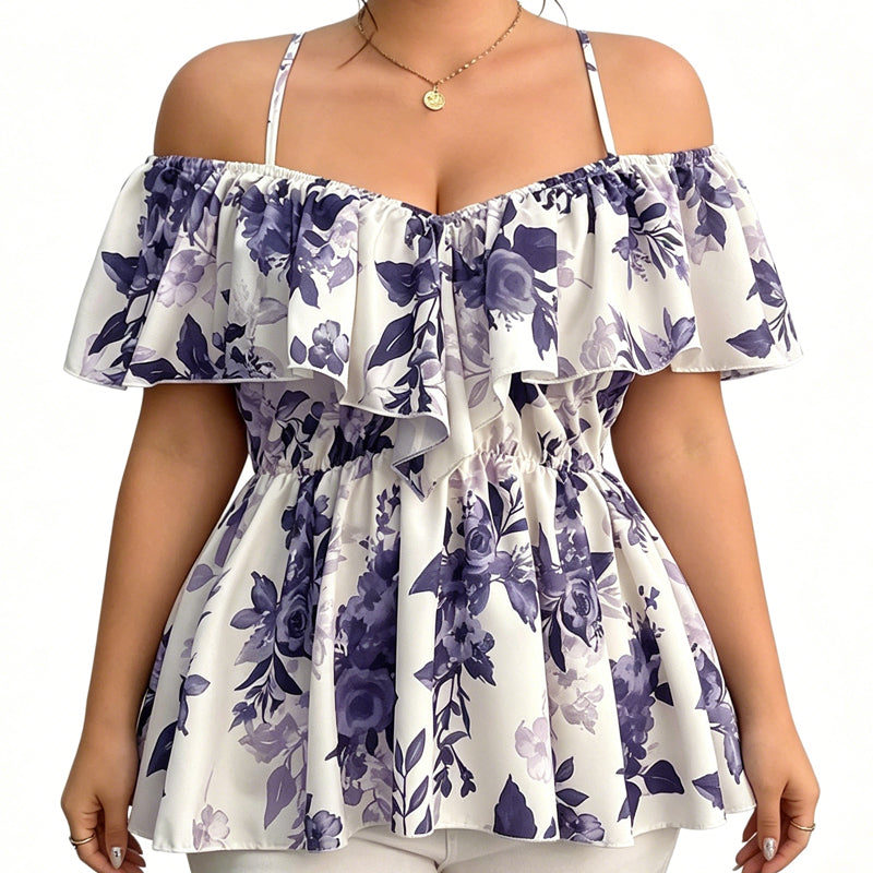 🌸Women's Plus Size Printed Off-Shoulder Ruffle Cami Top✨
