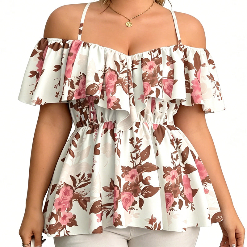 🌸Women's Plus Size Printed Off-Shoulder Ruffle Cami Top✨