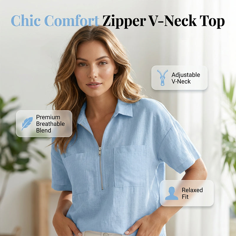 👚Women's Casual V-neck Zipper Short-Sleeved Top – Soft & breathable – Modern fit, easy zipper accent – perfect for daily wear or summer layering 🌸