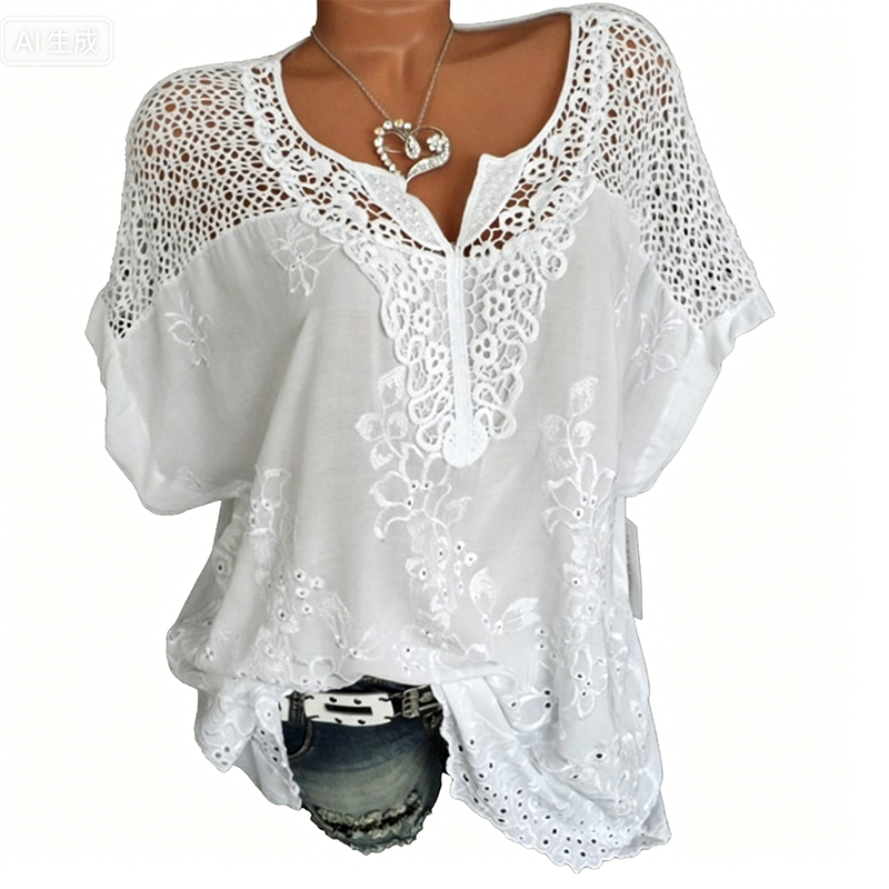 🌸 Elegant Lace Embroidered V-Neck Top – Relaxed Fit, Floral Detail.