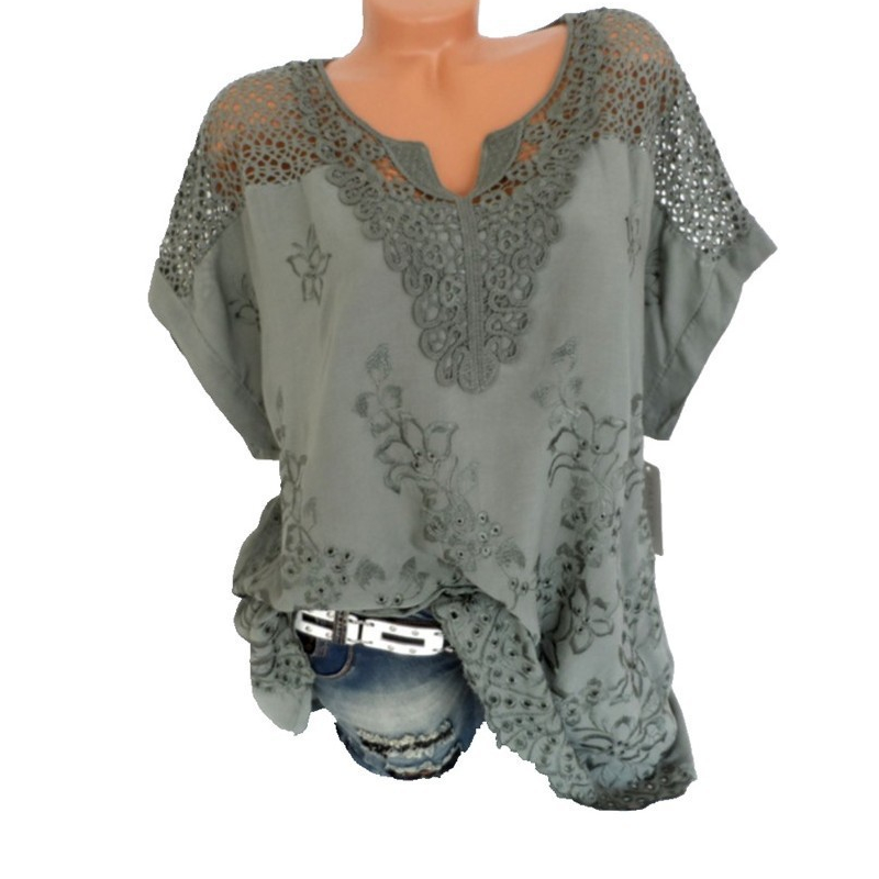 🌸 Elegant Lace Embroidered V-Neck Top – Relaxed Fit, Floral Detail.