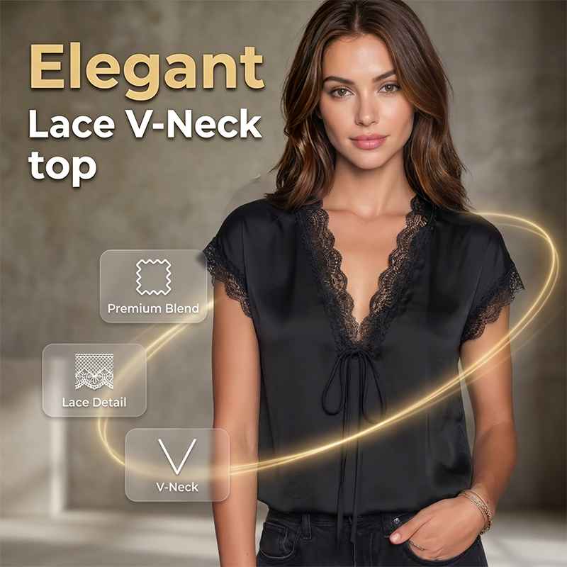 👚Women's Satin Blouse – V-Neck Tie Front, Lace Trim & Short Sleeves, Loose Fit Slimming Top💫🌸