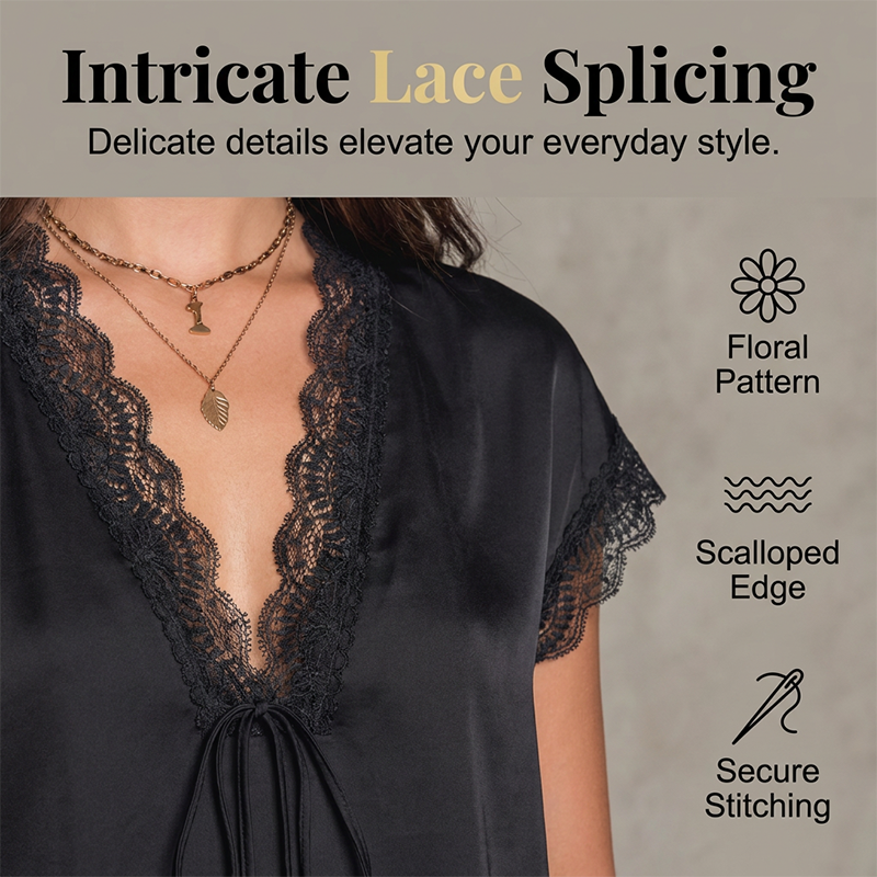 👚Women's Satin Blouse – V-Neck Tie Front, Lace Trim & Short Sleeves, Loose Fit Slimming Top💫🌸