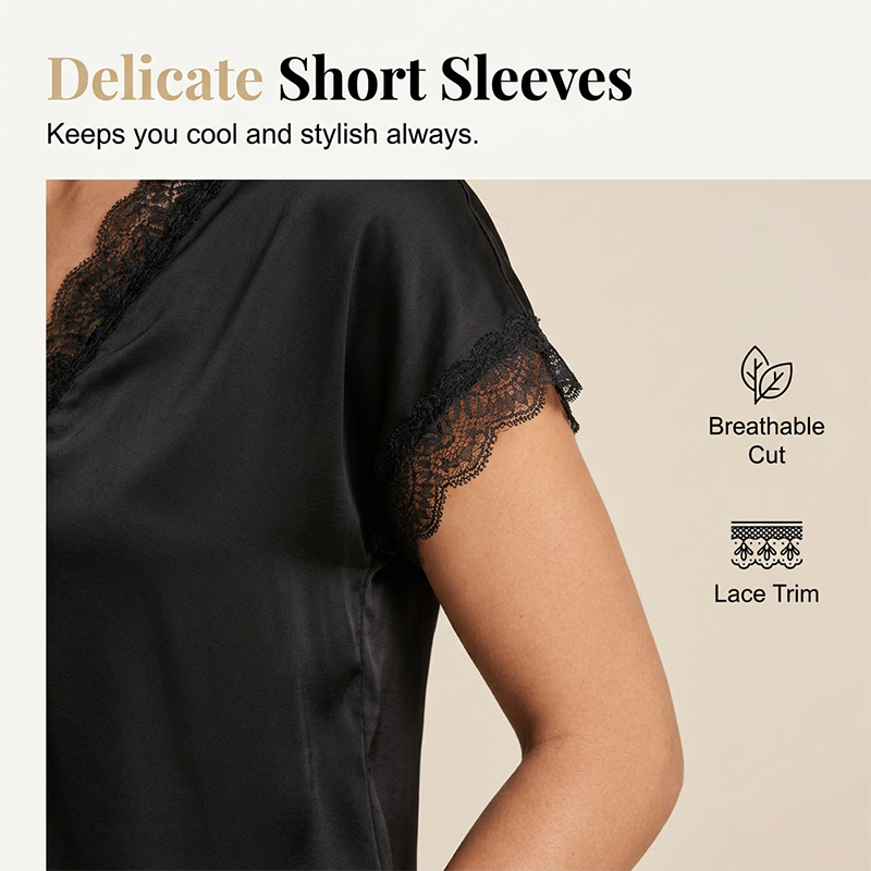 👚Women's Satin Blouse – V-Neck Tie Front, Lace Trim & Short Sleeves, Loose Fit Slimming Top💫🌸
