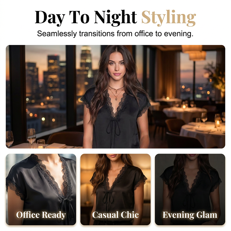 👚Women's Satin Blouse – V-Neck Tie Front, Lace Trim & Short Sleeves, Loose Fit Slimming Top💫🌸