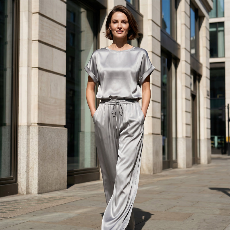 Elegant Top & Wide-Leg Pant Set – Breathable Cool Fabric, Wear At Home & Out!