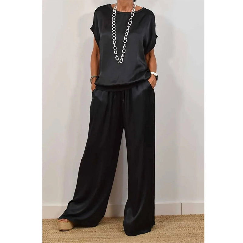 Elegant Top & Wide-Leg Pant Set – Breathable Cool Fabric, Wear At Home & Out!