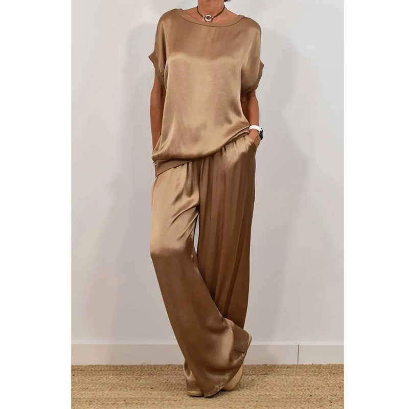 Elegant Top & Wide-Leg Pant Set – Breathable Cool Fabric, Wear At Home & Out!