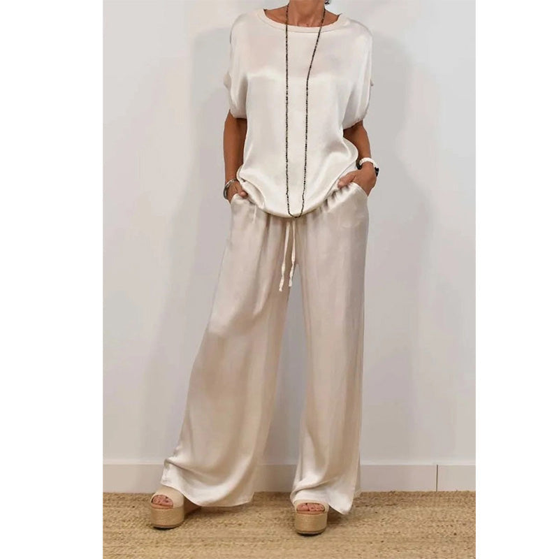 Elegant Top & Wide-Leg Pant Set – Breathable Cool Fabric, Wear At Home & Out!