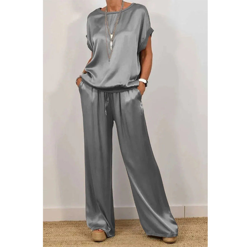 Elegant Top & Wide-Leg Pant Set – Breathable Cool Fabric, Wear At Home & Out!