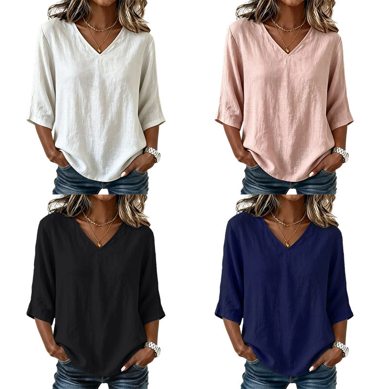 👚 Women's Casual V-Neck 3/4 Sleeve Blouse — Lightweight Flowy Top | Relaxed Fit